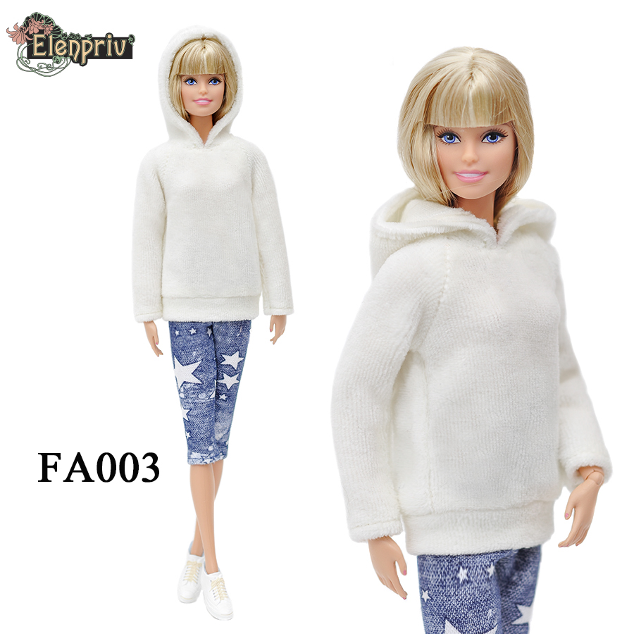 ELENPRIV FA003 white velour hoodie capri w/stars full outfit for Barbie dolls