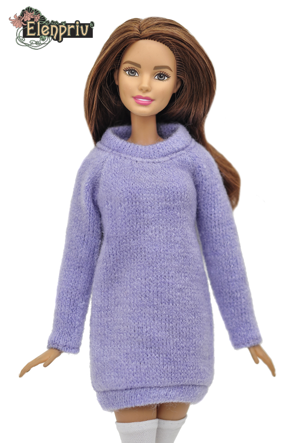 ELENPRIV FA001 light violet mini-dress tunic with a scarf for Barbie dolls