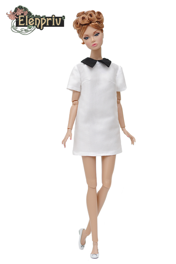 black tights for Barbie MTM dolls ELENPRIV FA outfit#29 white dress w/belt