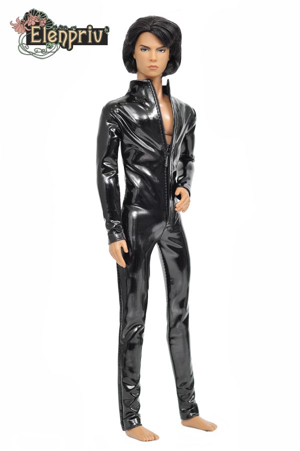 ELENPRIV black latex homme catsuit male jumpsuit w zipper for Fashion royalty FR HOMME similar 12 inch male body size dolls fashion clothes