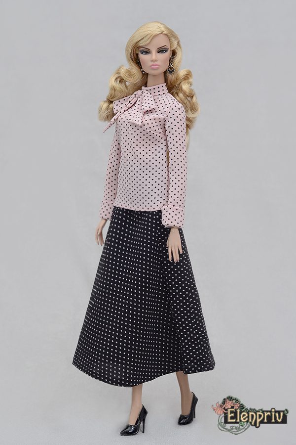 ELENPRIV peach polka dot blouse with a bow for Fashion royalty FR:16 dolls 