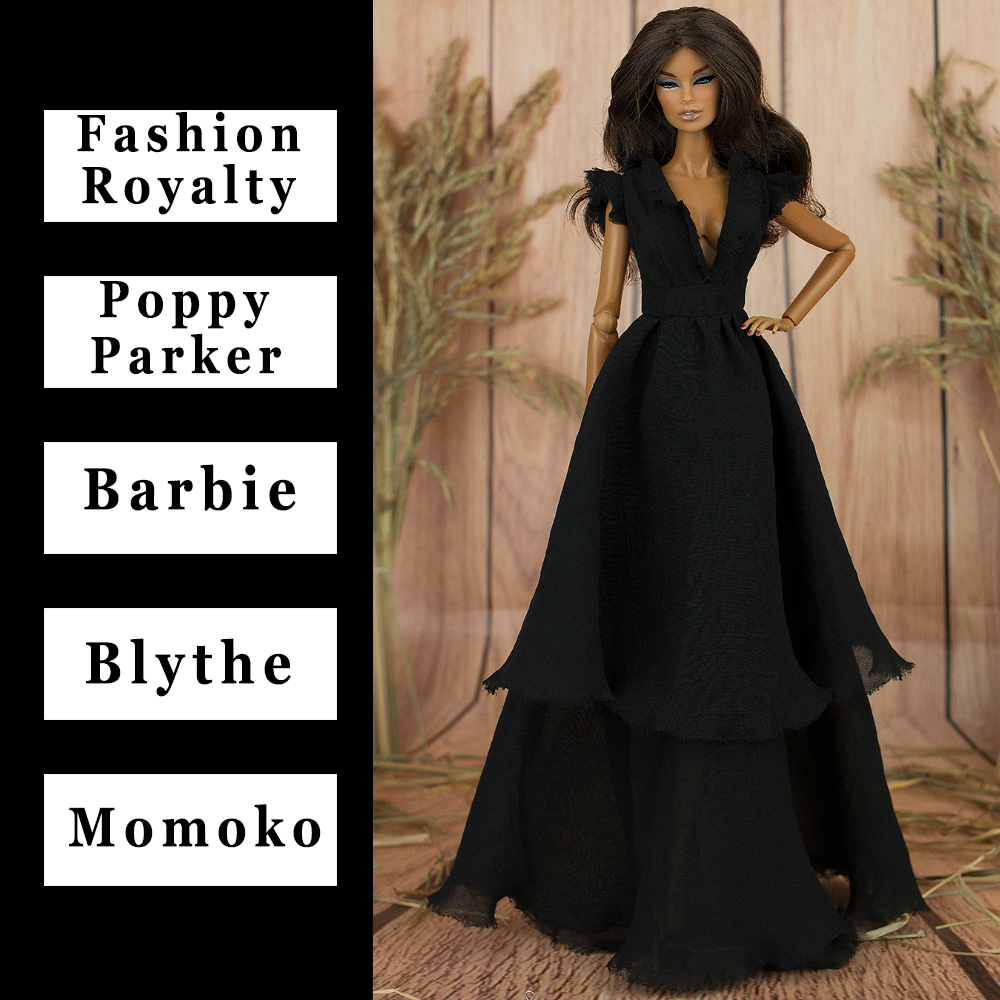 fashion royalty doll dress Black dress for barbie dolls with fur – The Doll Tailor main image 0
