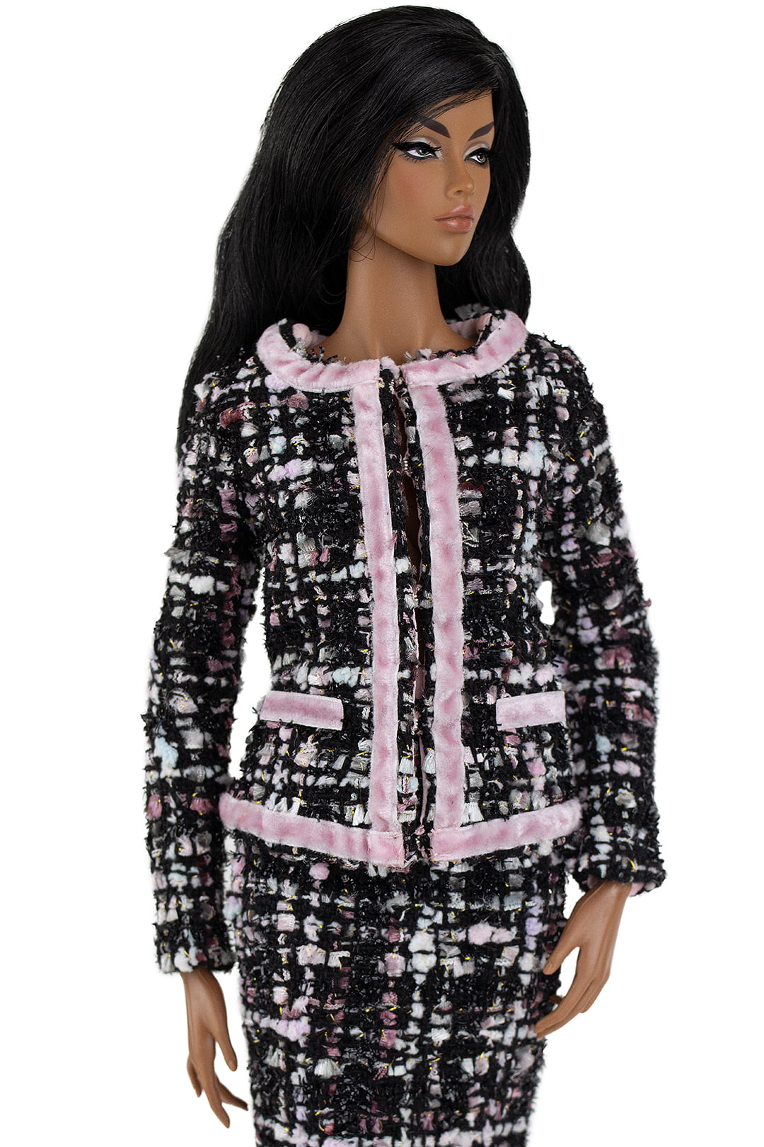 Black and pink multicolored tweed Chanel style jacket {Choose size} Fashion  royalty FR:16 Sybarite Tonner PashaPasha Tender Creation dolls – ELENPRIV  doll fashions