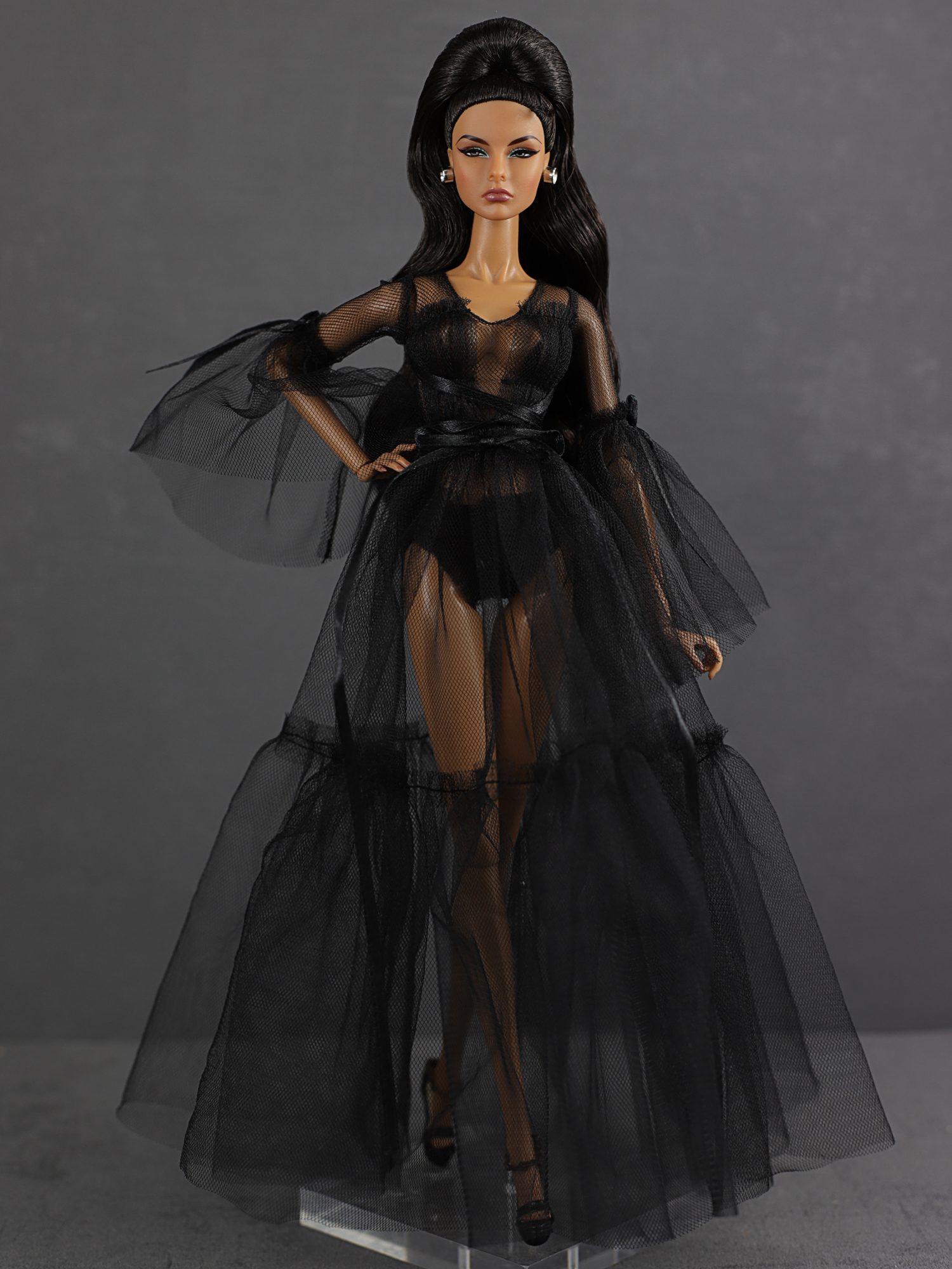 Black semi-transparent negligee dress outfit for 11 1/2  Fashion Royalty, Poppy Parker doll and similar dolls