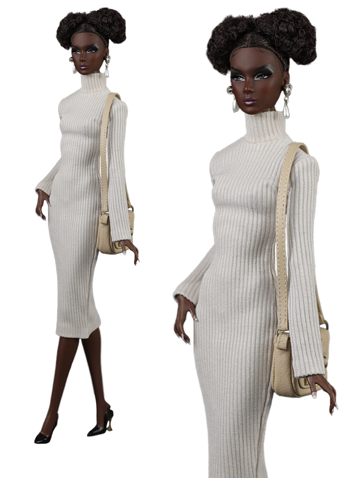 FA-064-06 Beige jersey dress for 11 1/2 Prime; Brb Pivotal Made-to-Move, Fashion Royalty, Poppy Parker doll and similar dolls