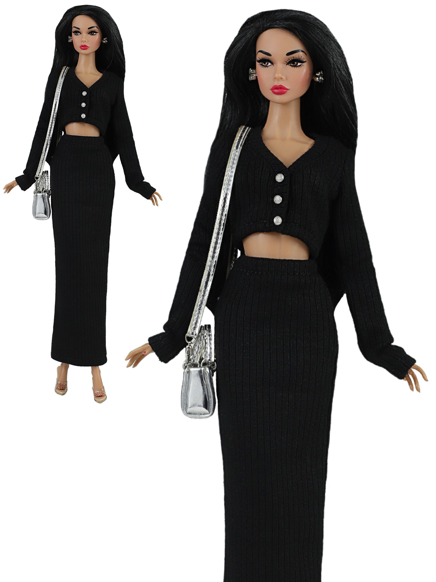 FA-063-01 Black set: crop top and skirt for 11 1/2 Prime; Brb Pivotal Made-to-Move, Fashion Royalty, Poppy Parker doll and similar dolls
