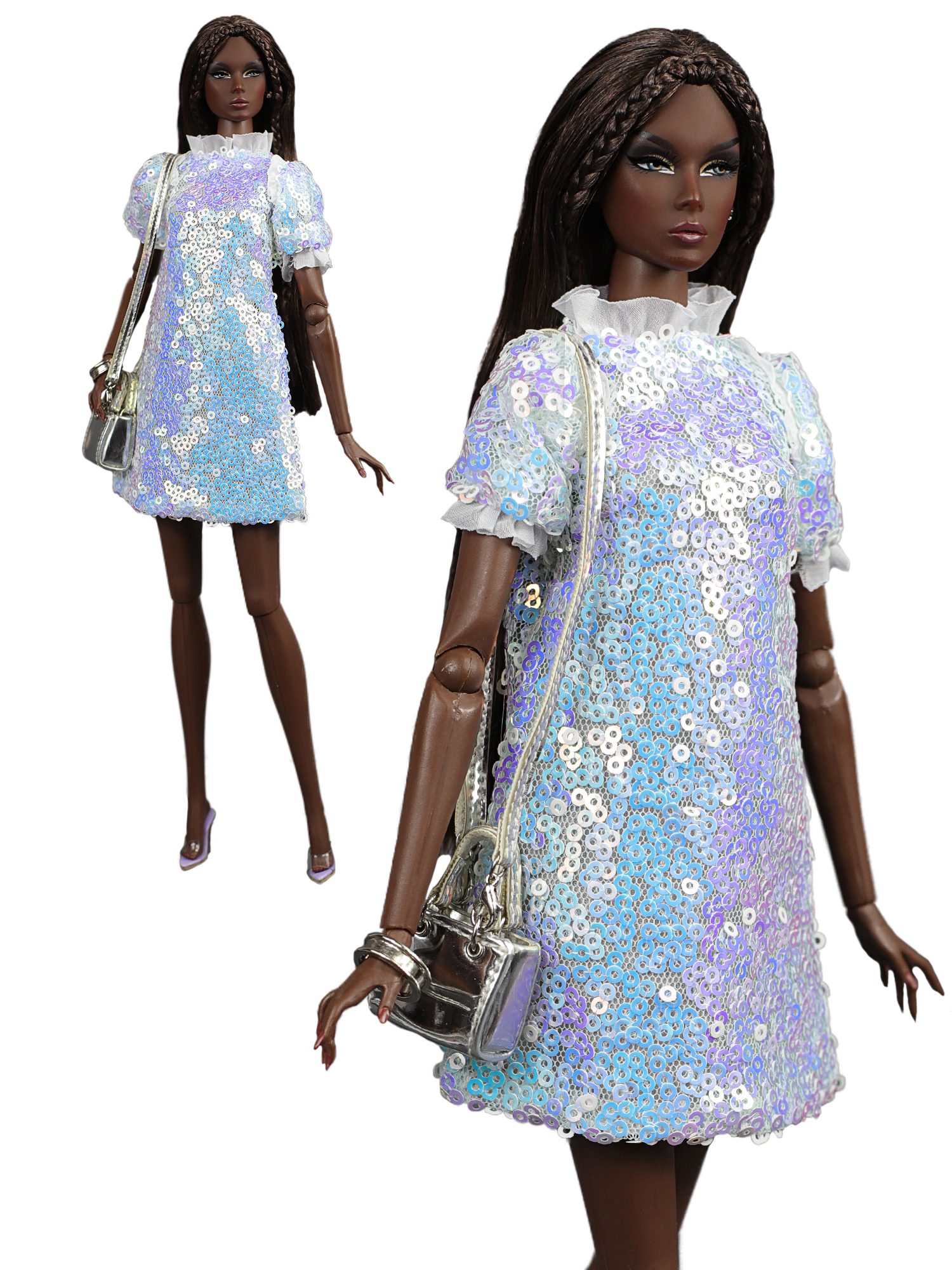 FA-050-48 Pearl silver sequined dress with ruffles for Fashion Royalty, Poppy Parker doll and similar dolls