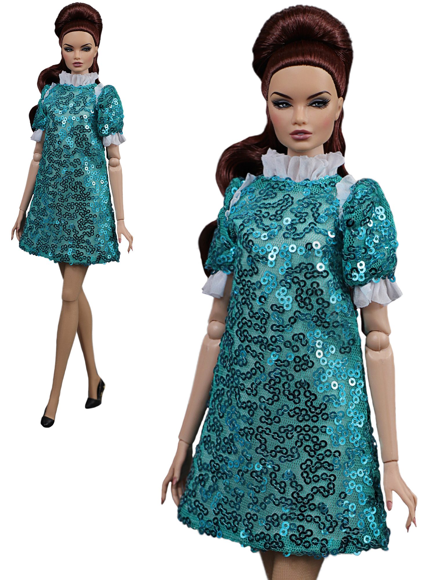 FA-050-47 Emerald green sequined dress with ruffles for Fashion Royalty, Poppy Parker doll and similar dolls