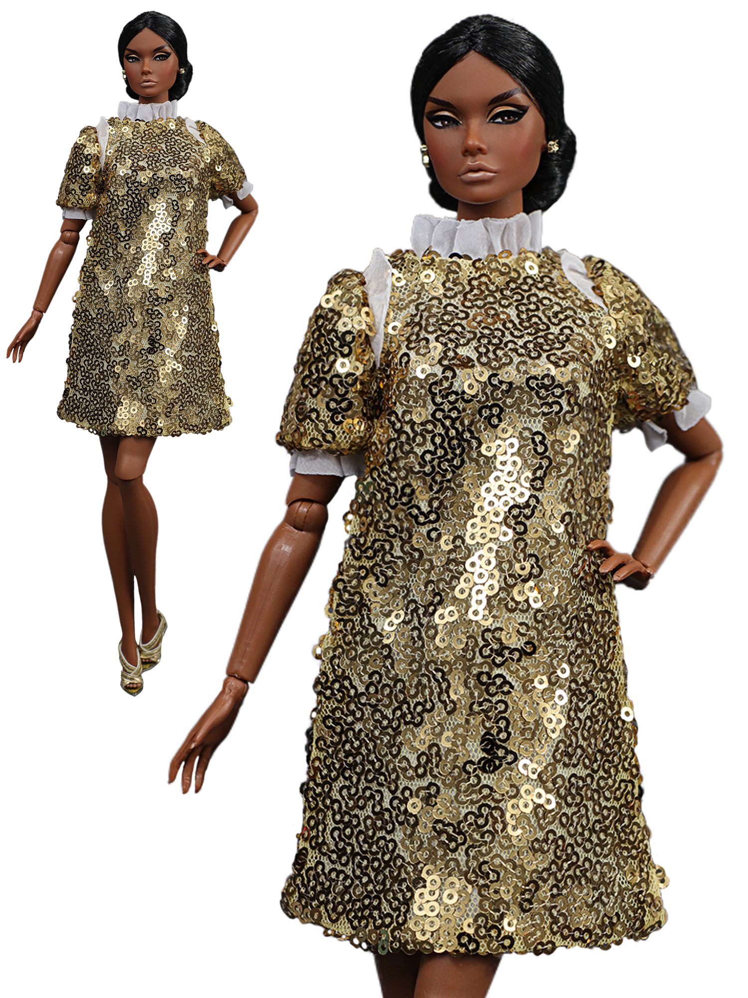 FA-050-45 Golden sequined dress with ruffles for Fashion Royalty, Poppy Parker doll and similar dolls