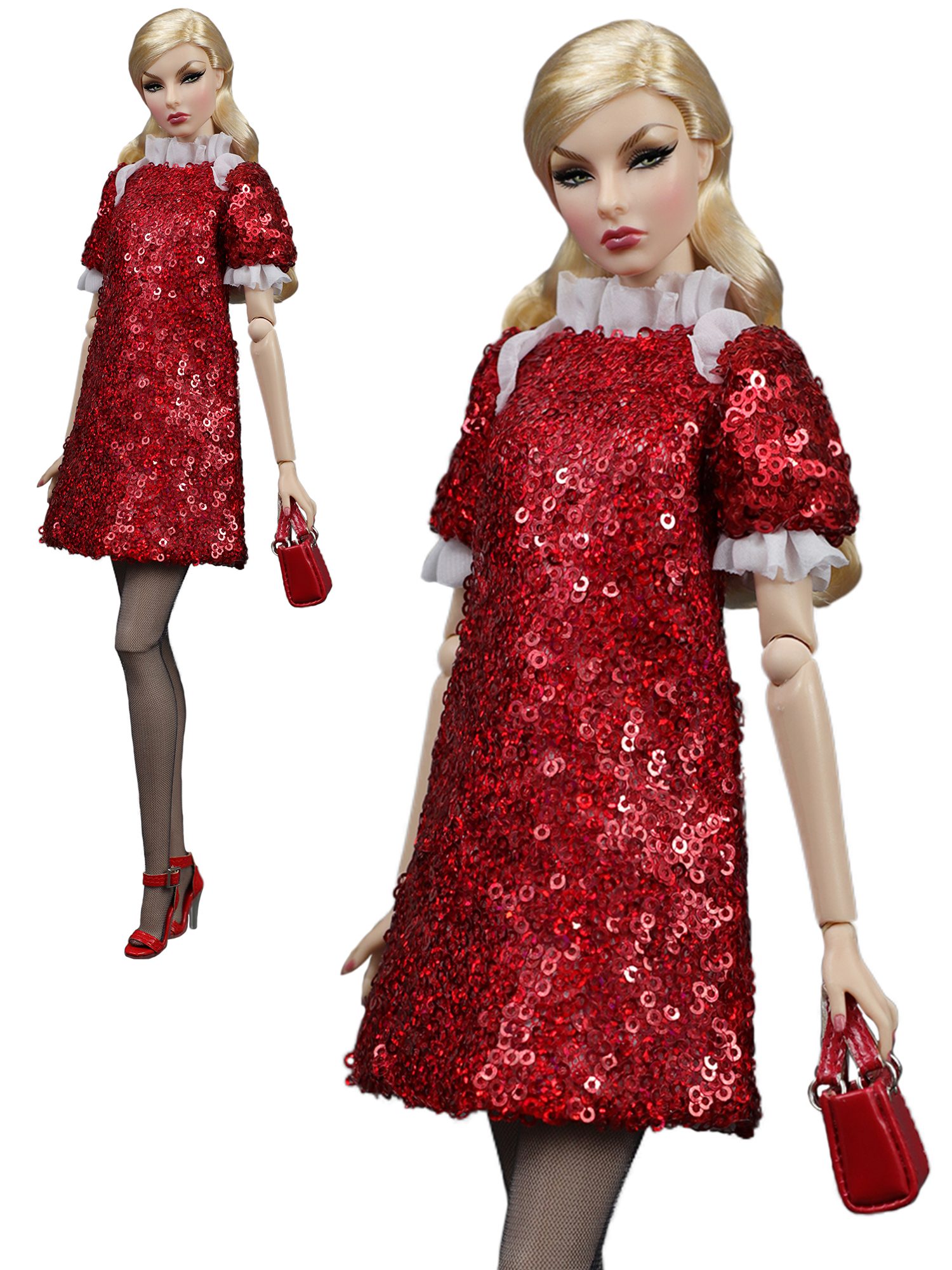 FA-050-46 Wine red sequined dress with ruffles for Fashion Royalty, Poppy Parker doll and similar dolls