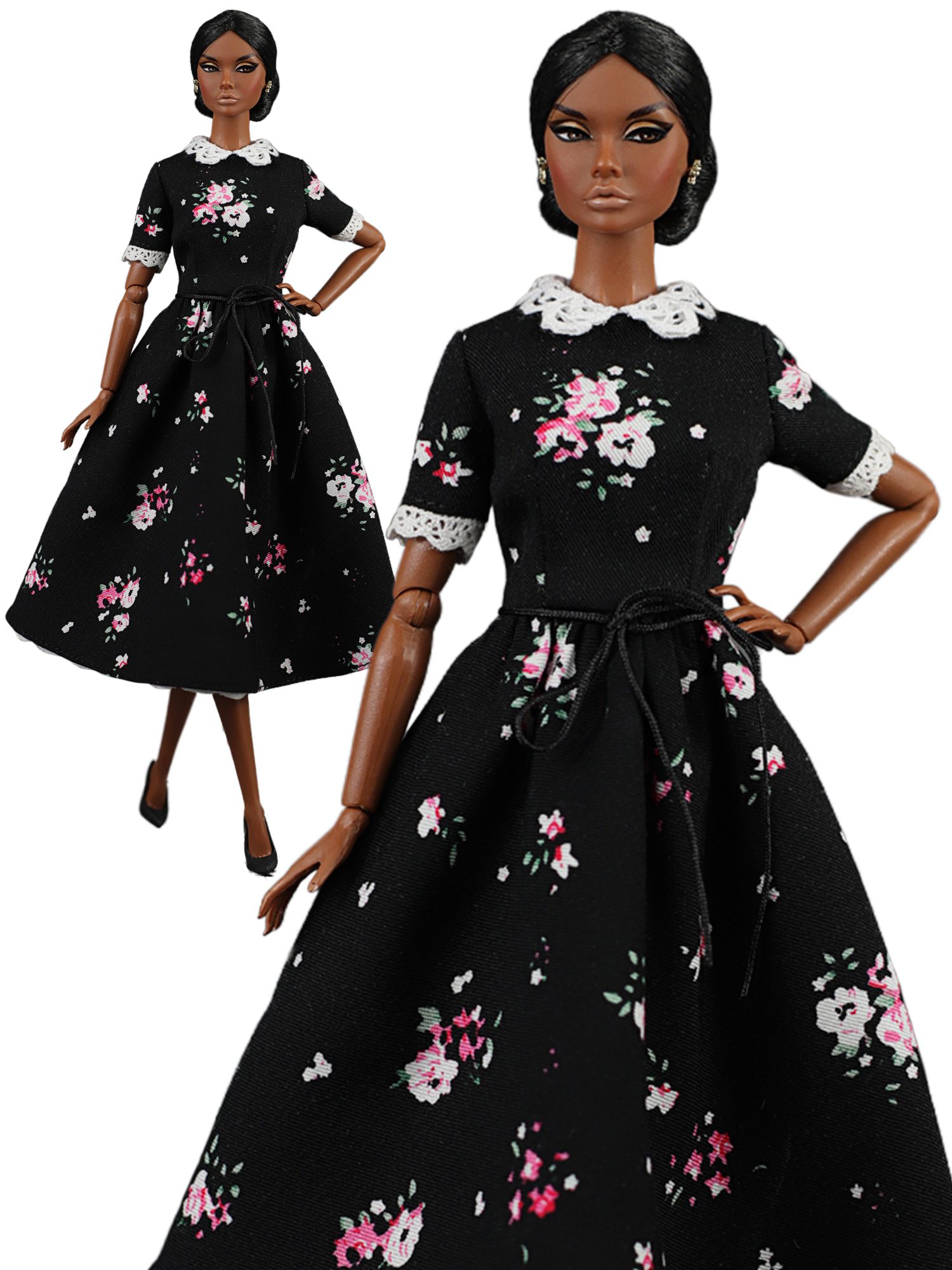 FA-050 Batiste dress "Provence" in black for 11 1/2 Prime; Brb Pivotal Made-to-Move body and similar size dolls