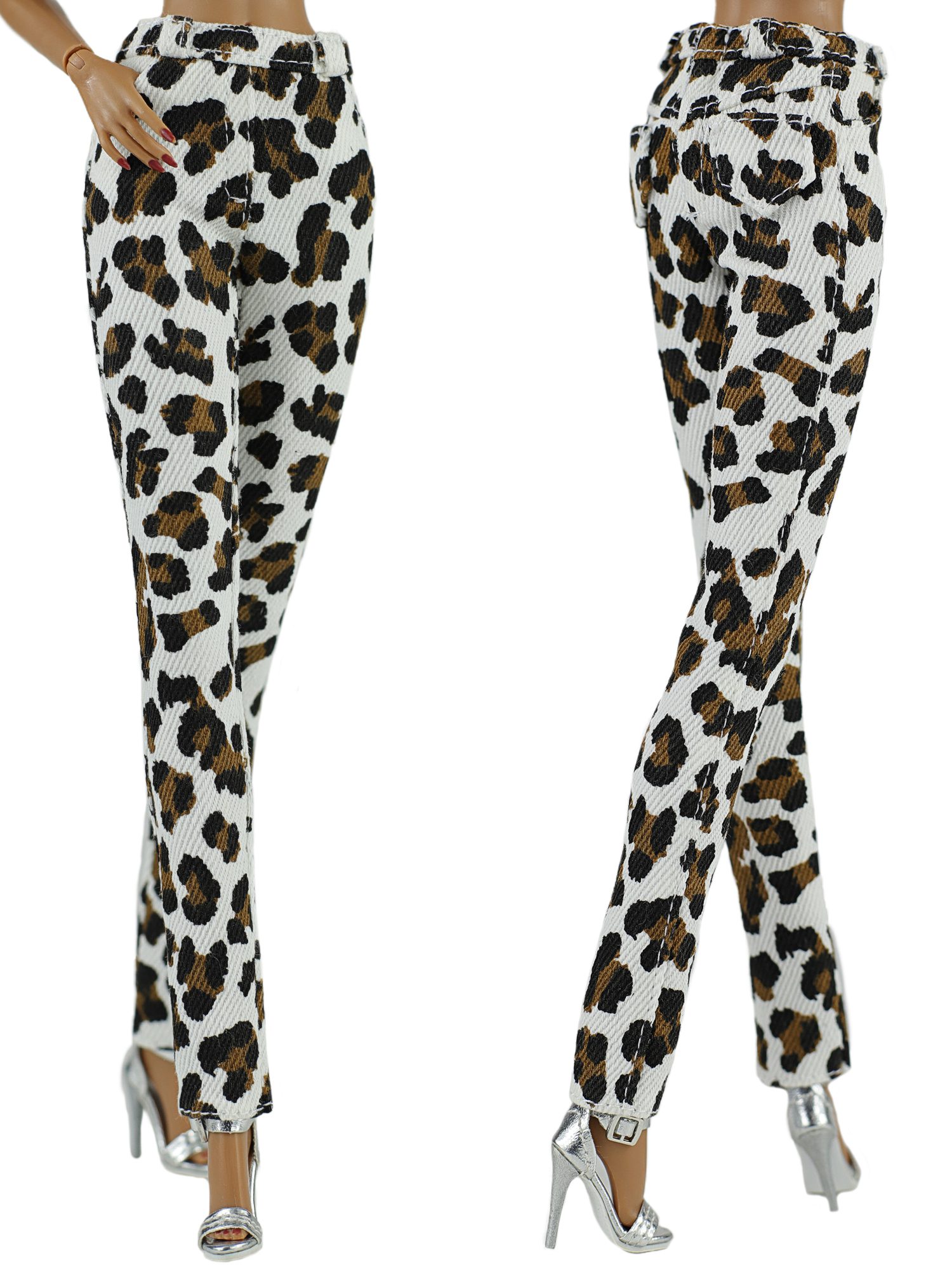 FA-007-17 White jeans with leopard print for 11 1/2&Prime; Brb Made-to-Move, Poppy Parker body dolls and similar size