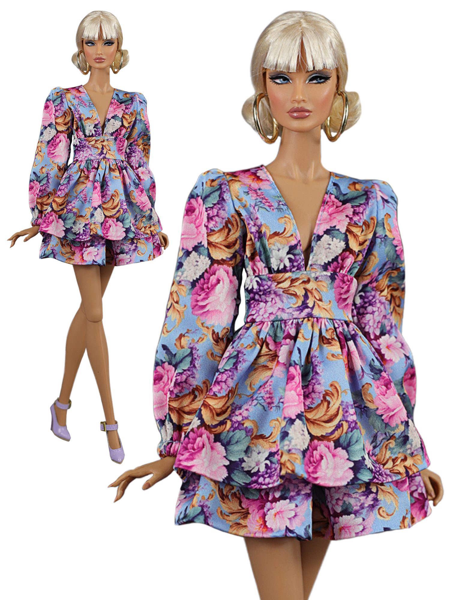Flower printed silk mini dress for 11 1/2 Prime; Brb Pivotal Made-to-Move, Fashion Royalty, Poppy Parker doll and similar dolls